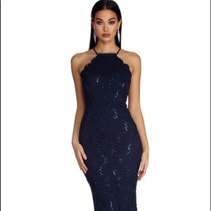Windsor sparkly navy blue, form fitting maxi prom dress.